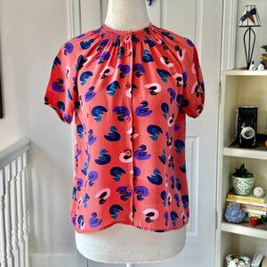 Tucker 100% Silk Coral and Blue Duck Print Short Sleeve Blouse (size M)